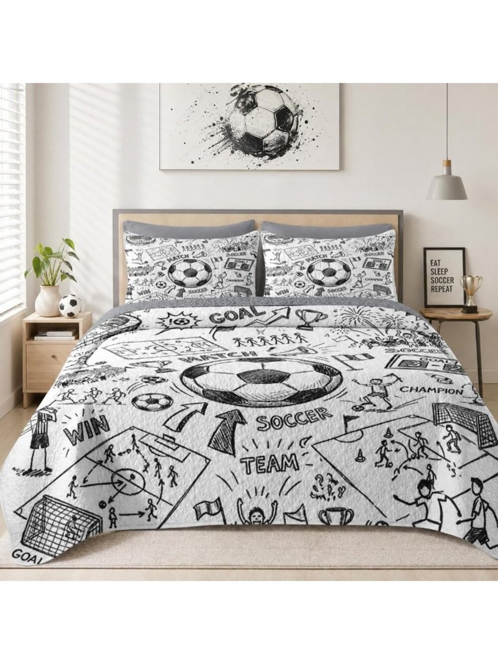 Soccer Game Queen Quilt Set - 3 Piece Bedding, Cozy Bedspread for Sports Lovers